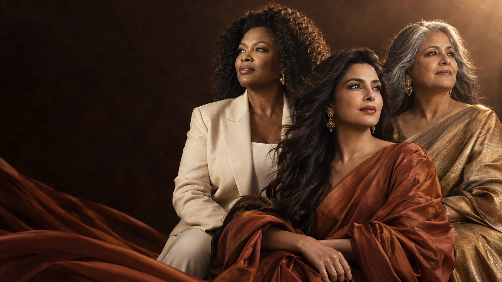 Illustrative campaign portrait of three women looking toward the light.