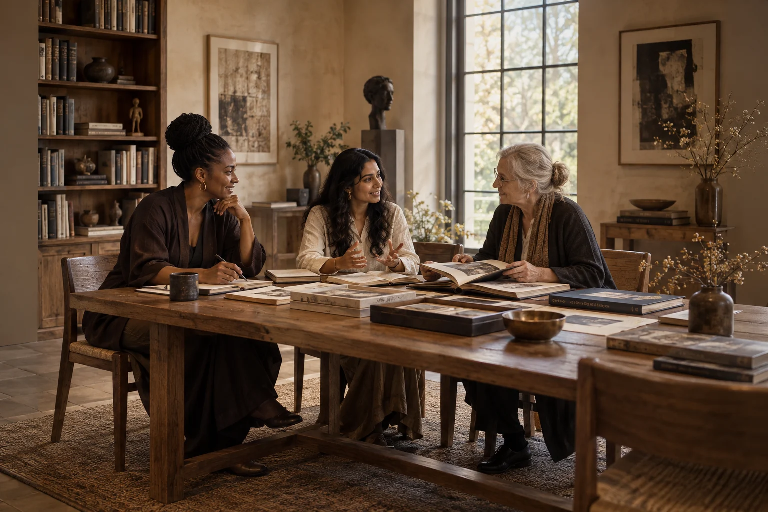 Women collaborating in a cultural reading room.