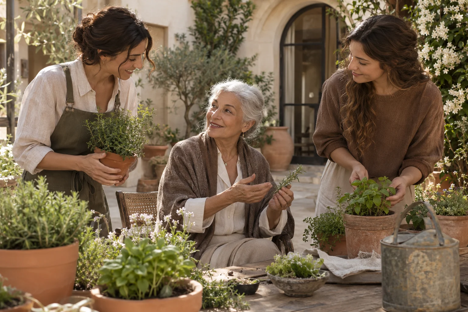 Women sharing knowledge in a courtyard garden.