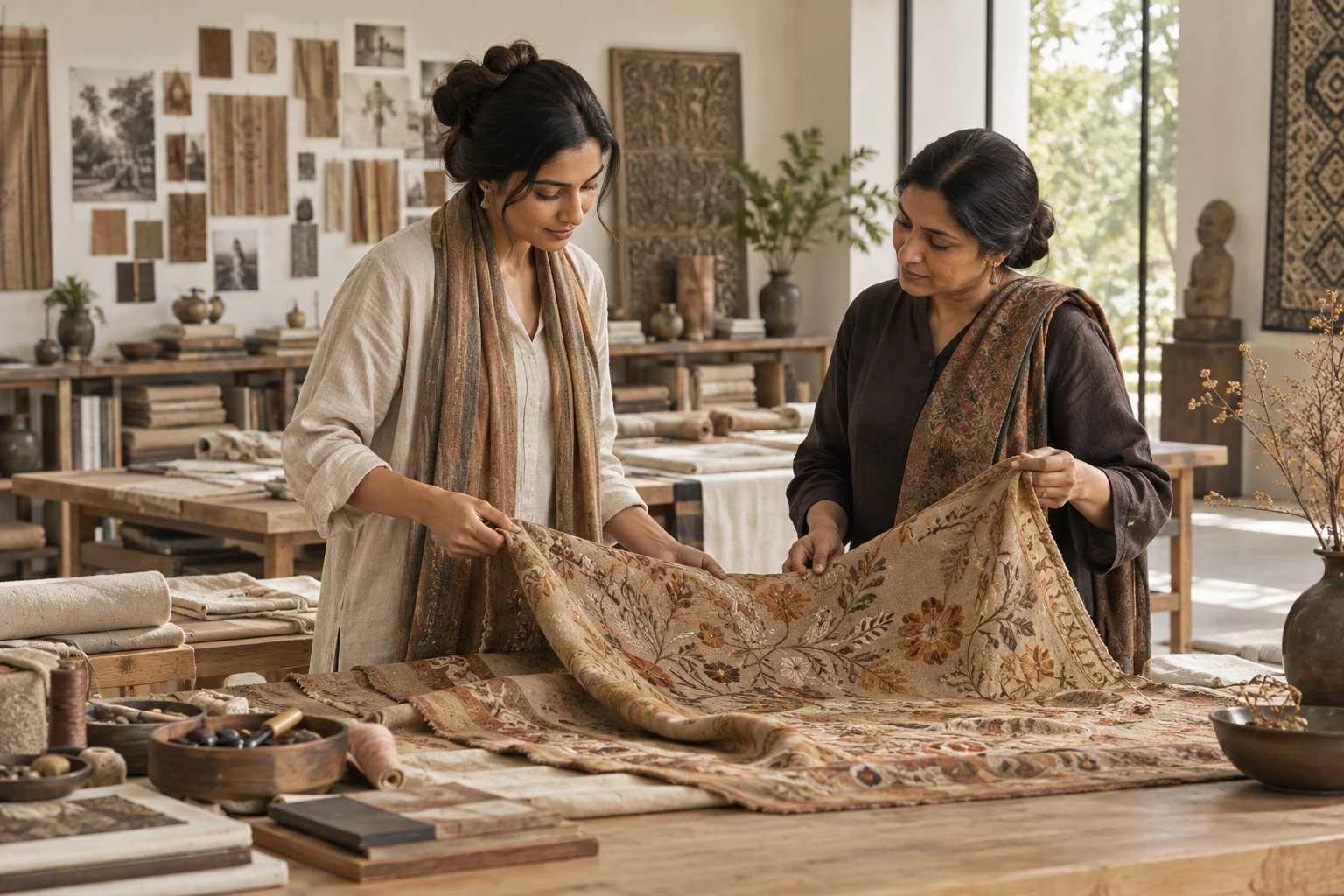 Two textile artists examining embroidered fabric.