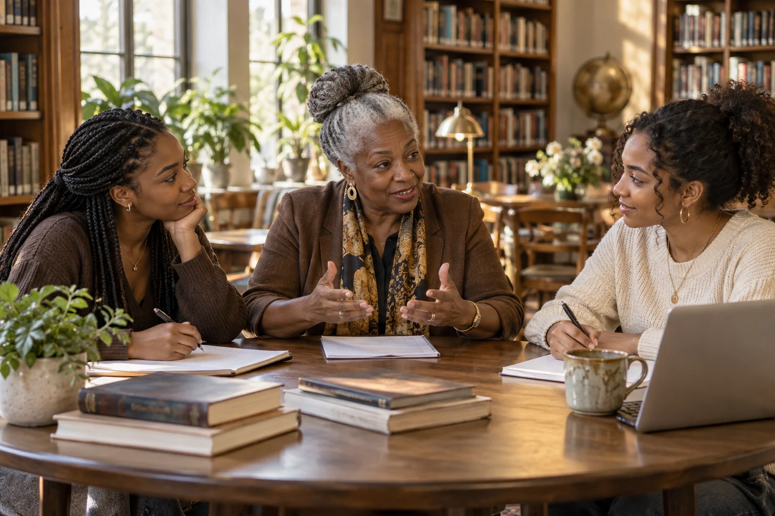 A mentor and two adult learners in a library.