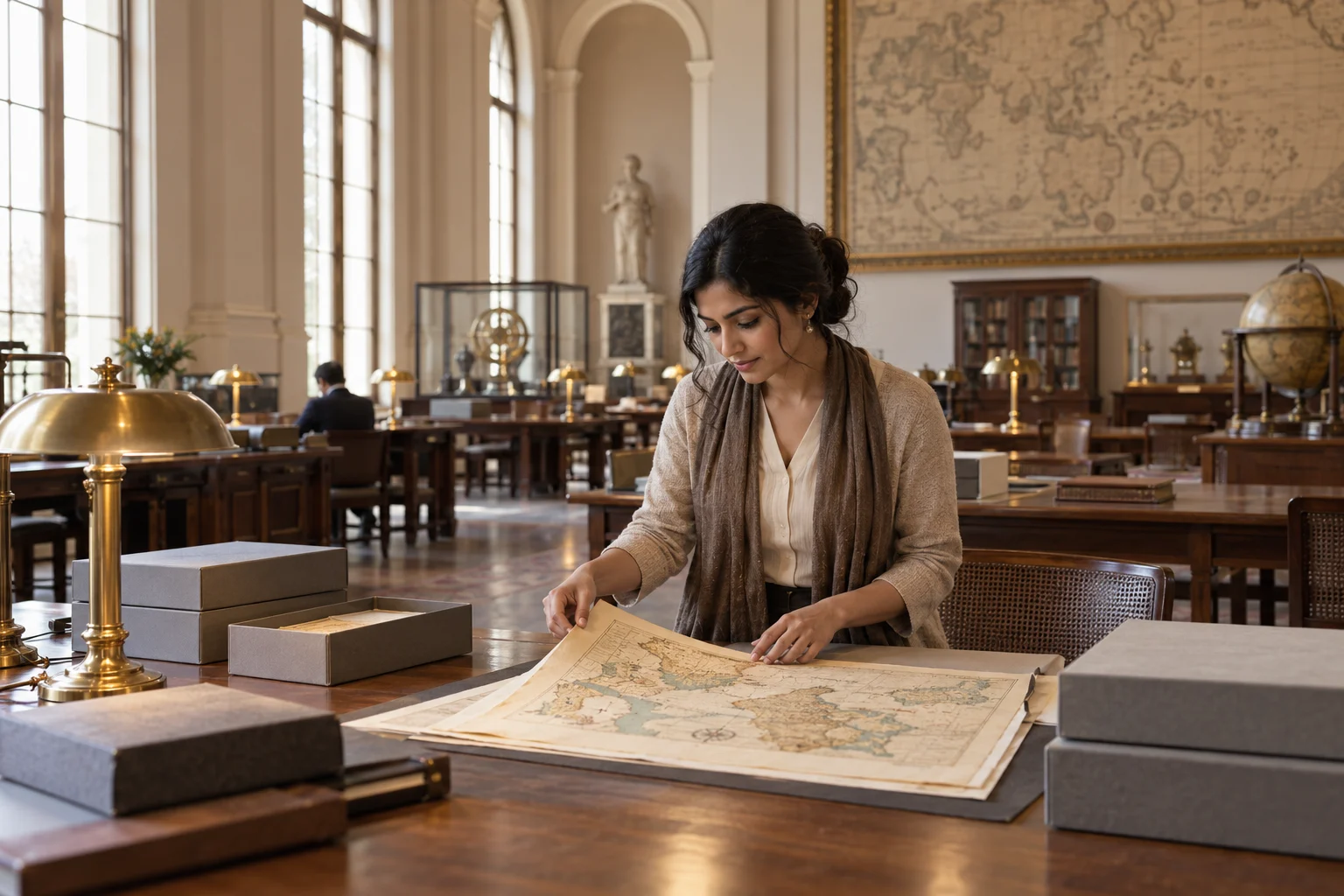 An archivist examining a map.