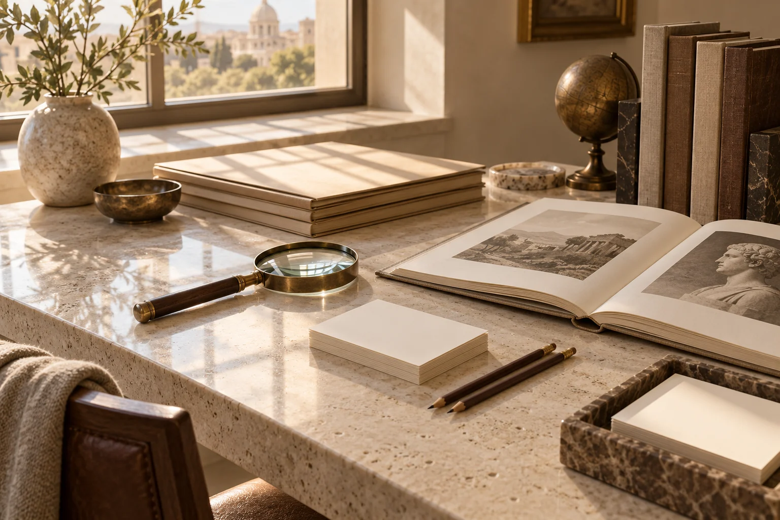 Research materials and archival tools on a desk.