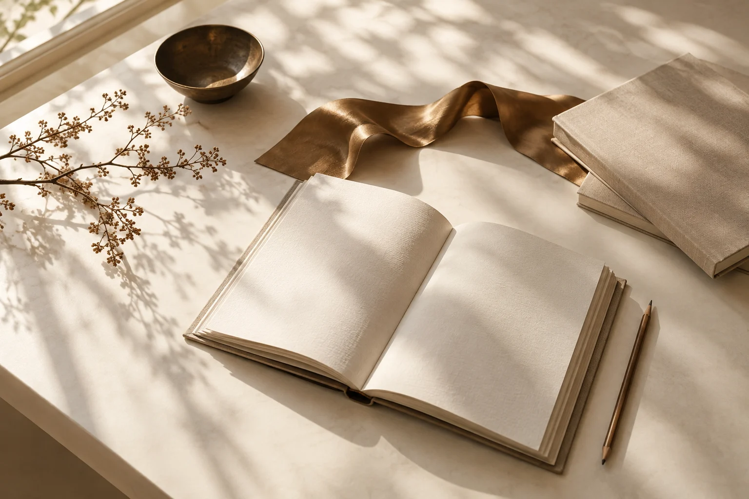 Linen notebooks and a bronze ribbon on a writing desk.