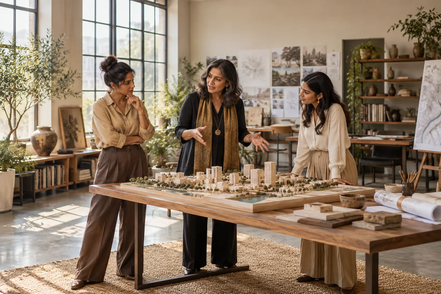 Women discussing an architectural model.