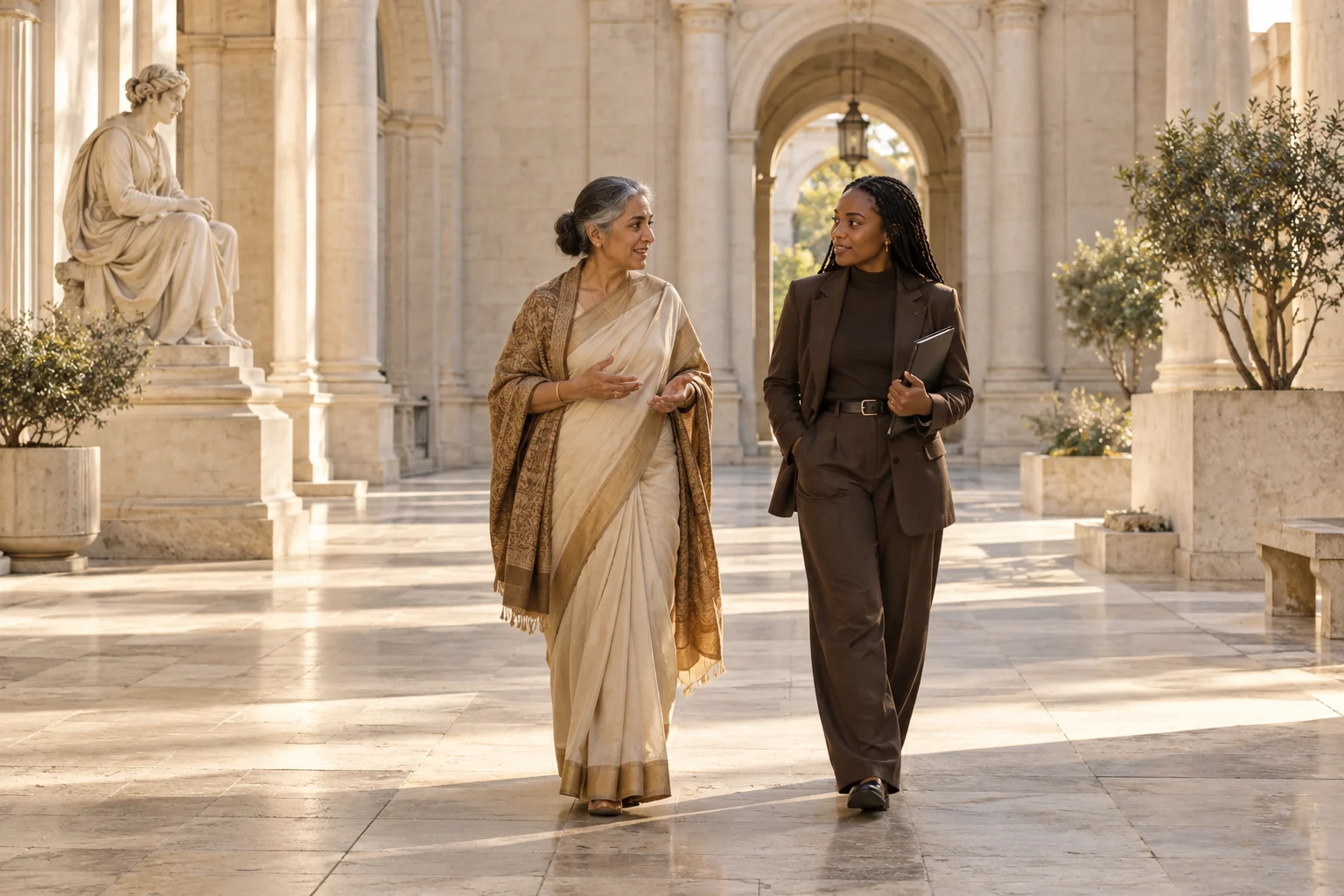 Two women in conversation in a sunlit courtyard.