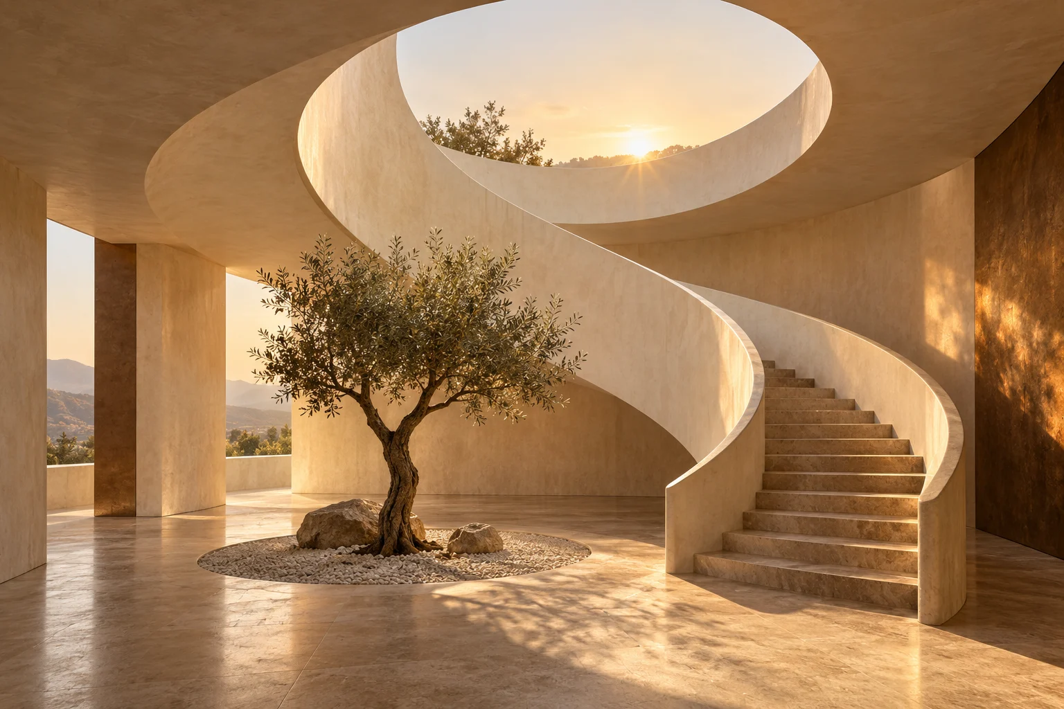 A spiral staircase and olive tree beneath a circular skylight.