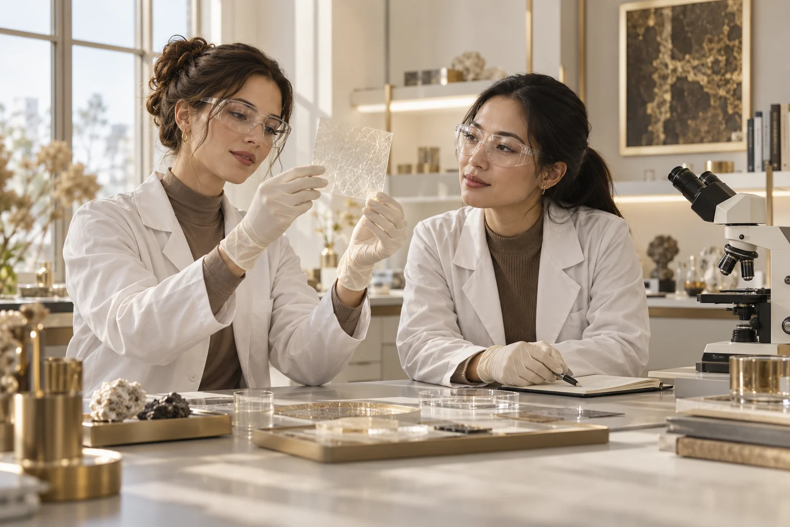Illustration: Researchers examining a translucent material sample.