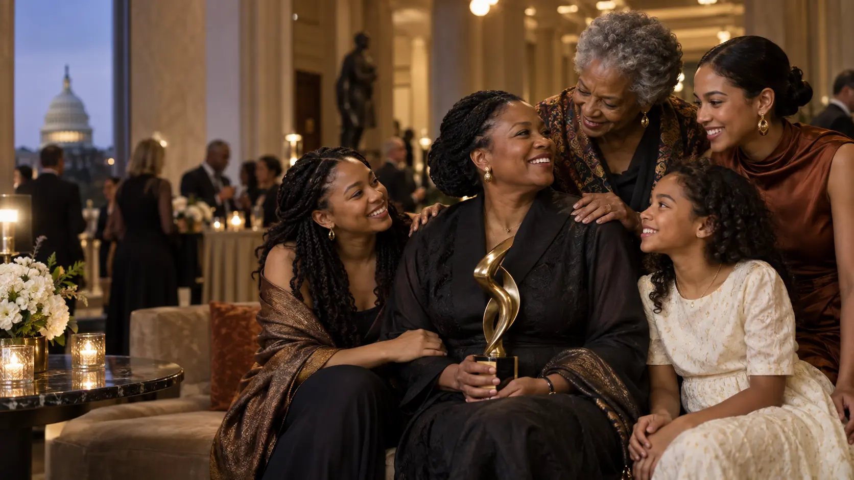 A woman celebrating an honour with her family and community in Washington, D.C.