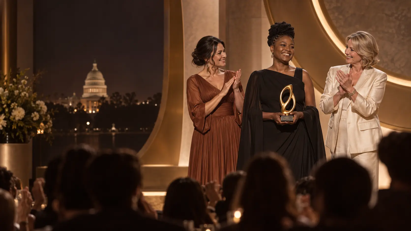 A woman receiving recognition on stage as women and an audience celebrate her achievement